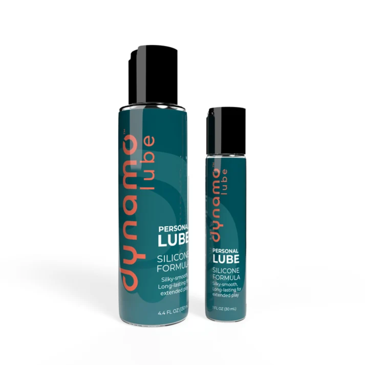 Size comparison studio shot showing both the 4.4 fl oz (130 ml) and 1 fl oz (30 ml) bottles of Dynamo Silicone Personal Lube standing side by side.