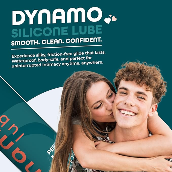 Promotional lifestyle graphic featuring the Dynamo Silicone Lube title and slogan ("Smooth. Clean. Confident.") alongside a smiling young couple embracing.