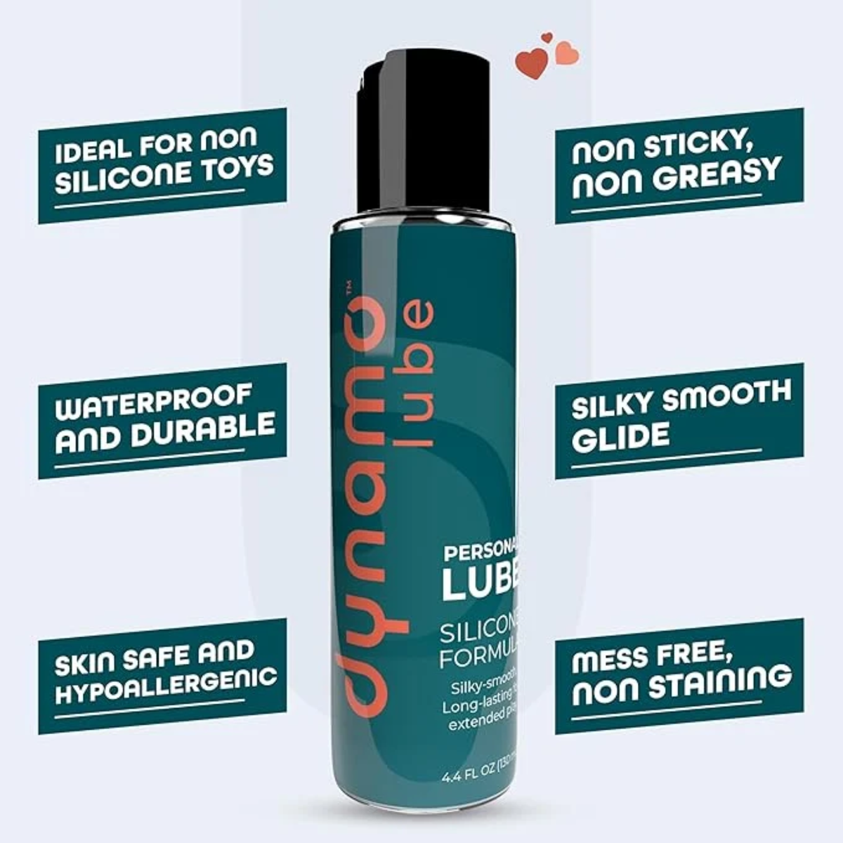 Product feature graphic displaying the 4.4 fl oz bottle of Dynamo Silicone Lube surrounded by text callouts highlighting key features: ideal for non-silicone toys, non-sticky/non-greasy, waterproof and durable, silky smooth glide, skin safe/hypoallergenic, and mess free/non-staining.