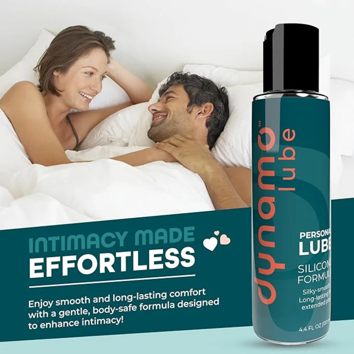 Promotional lifestyle graphic featuring a couple laughing together in bed next to a bottle of Dynamo Silicone Lube with the heading "Intimacy Made Effortless".