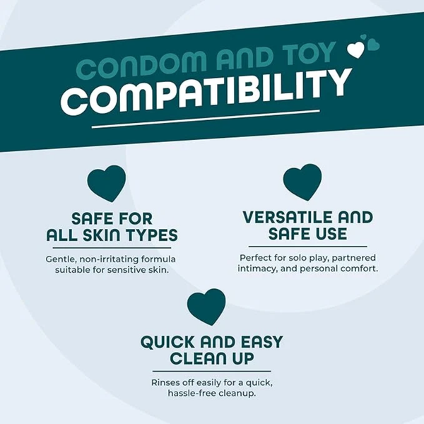 Informational graphic titled "Condom and Toy Compatibility" detailing safe for all skin types, versatile and safe use, and quick and easy clean up.