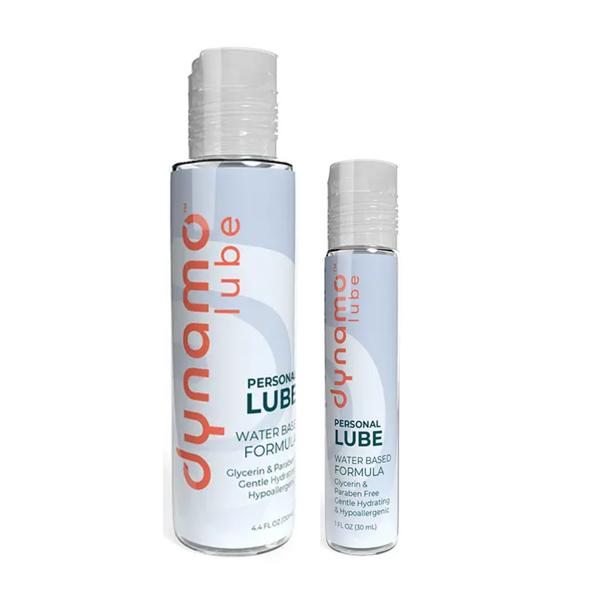Size comparison studio shot displaying both the 4.4 fl oz (130 ml) and 1 fl oz (30 ml) bottles of Dynamo Water Based Personal Lube standing side by side.