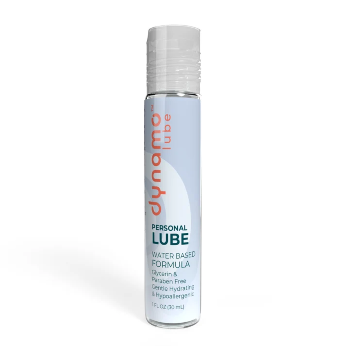 Isolated product view of the compact 1 fl oz (30 ml) travel-size bottle of Dynamo Water Based Personal Lube.