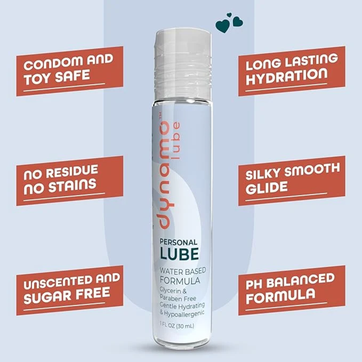 Product feature graphic displaying the 1 fl oz bottle of Dynamo Water Based Lube surrounded by text boxes highlighting key features: condom and toy safe, long-lasting hydration, no residue/stains, silky smooth glide, unscented/sugar-free, and pH balanced formula.