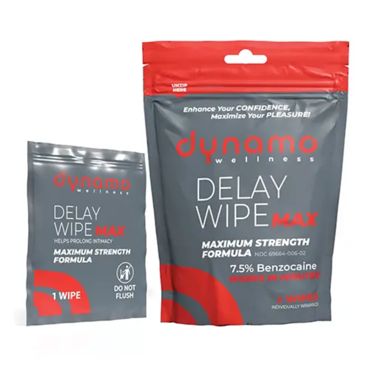 Product set view showing a 6-count resealable pouch of Dynamo Wellness Delay Wipe Max next to an individually wrapped single wipe packet. Imagen principal del producto