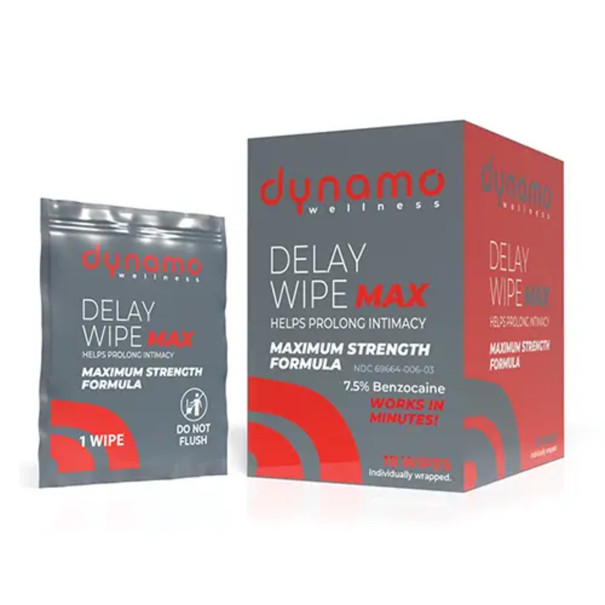 Packaging view of the 18-count box of Dynamo Wellness Delay Wipe Max alongside an individually foil-wrapped single wipe packet in grey and red branding.