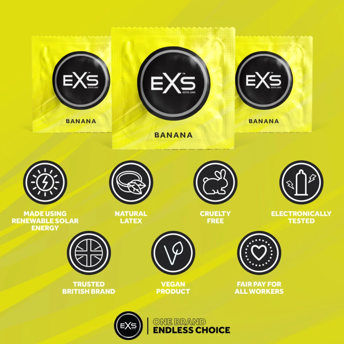 An infographic set against a yellow background detailing product features below three yellow EXS Banana condom foil wrappers. Feature icons highlight solar energy manufacturing, natural latex, cruelty-free certification, electronic testing, British branding, vegan formula, and fair pay practices.