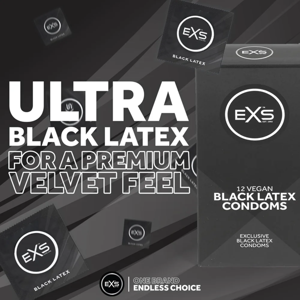 Product packaging layout featuring a box of EXS Black Latex Vegan Condoms next to individual foil wrappers. Promotional overlay text reads "ULTRA BLACK LATEX FOR A PREMIUM VELVET FEEL".