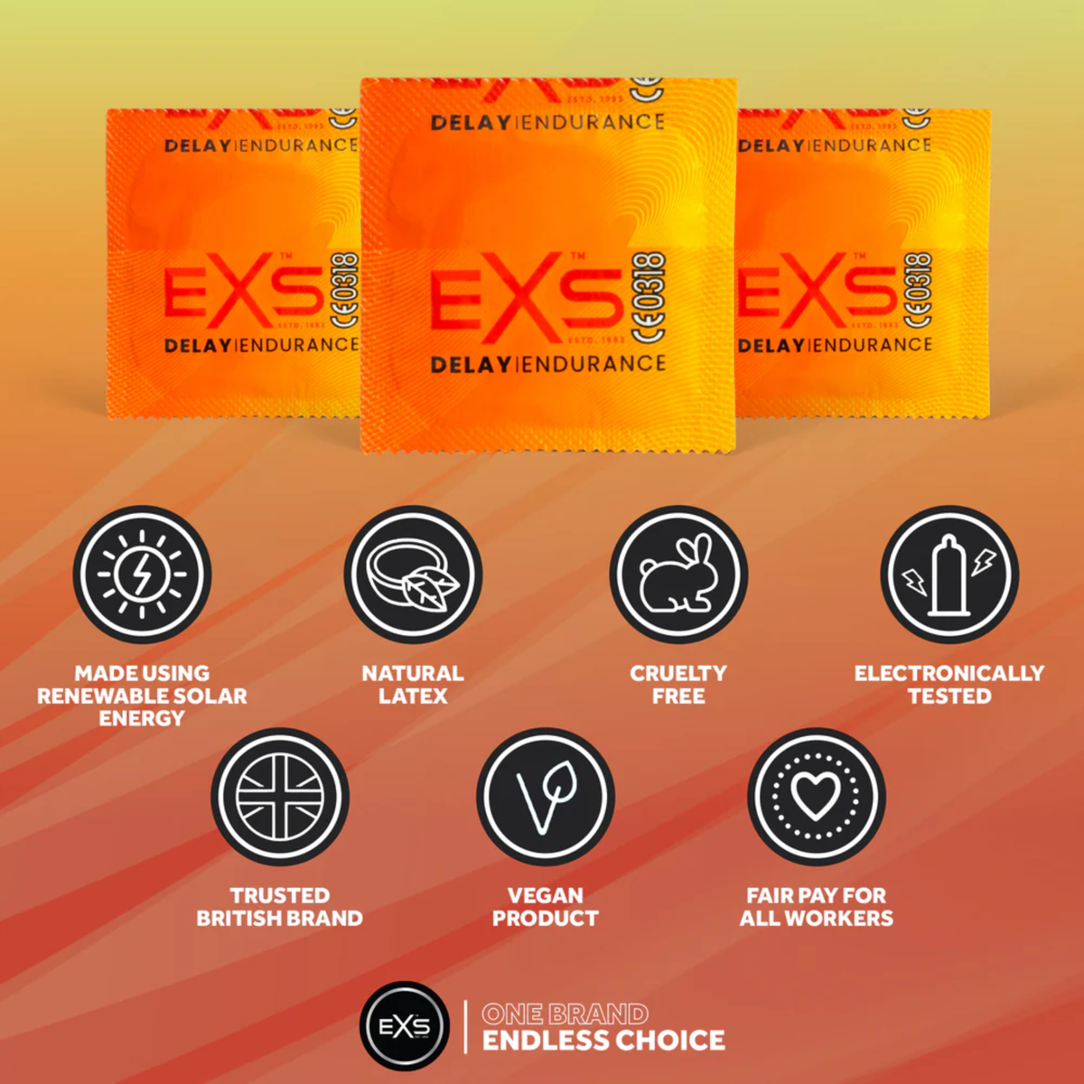 An infographic set against an orange gradient background detailing product features above three bright orange EXS Delay Endurance condom foil wrappers. Feature icons highlight solar energy manufacturing, natural latex, cruelty-free certification, electronic testing, British branding, vegan formula, and fair pay practices.