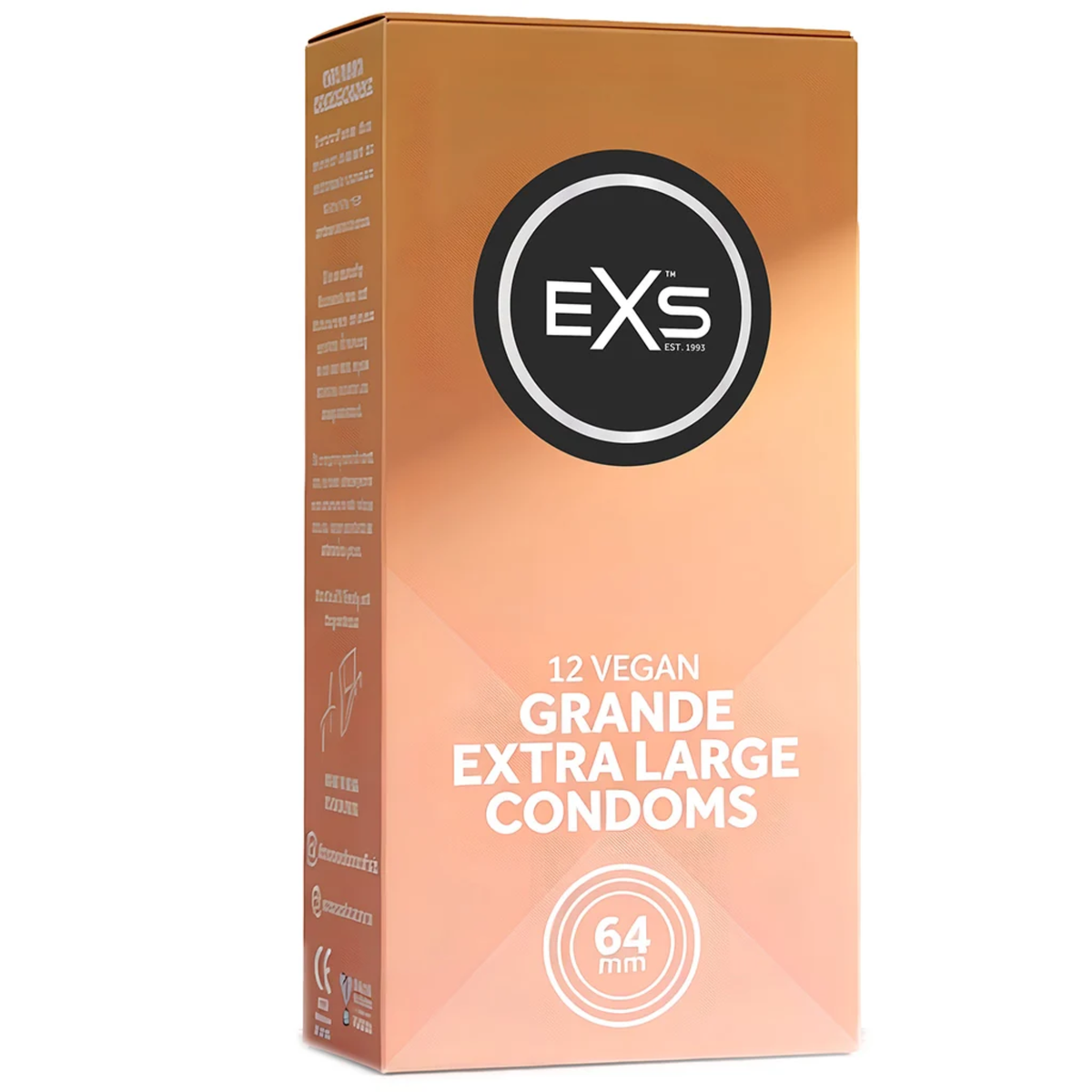 Studio product photo of the peach-colored EXS 12 Vegan Grande Extra Large Condoms (64mm) box standing at an angle against a solid white background.