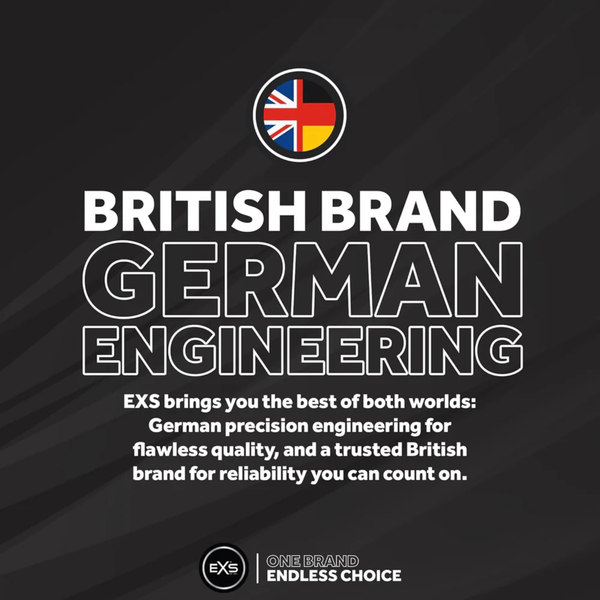 A promotional graphic featuring a combined Union Jack and German flag emblem at the top. Bold text reads "BRITISH BRAND GERMAN ENGINEERING," describing the blend of German precision engineering with British brand reliability on a dark textured background.