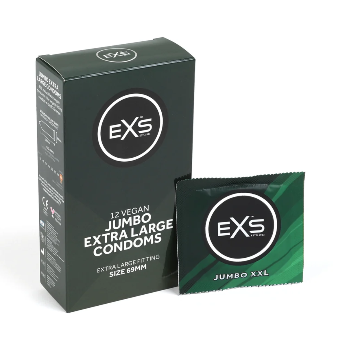 Studio product shot showing the dark green box of EXS 12 Vegan Jumbo Extra Large Condoms standing next to a single sealed dark green foil wrapper against a plain white background.