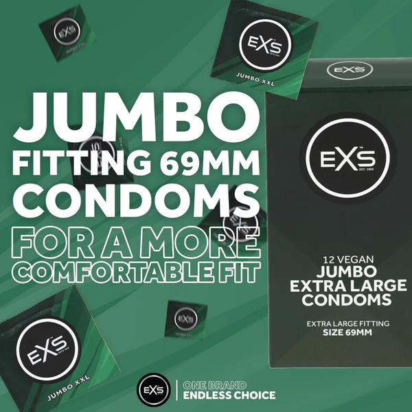 Product packaging graphic featuring a dark green box of EXS Jumbo 12 Vegan Extra Large Condoms surrounded by several individual green foil wrappers. Overlay text reads "JUMBO FITTING 69MM CONDOMS FOR A MORE COMFORTABLE FIT".