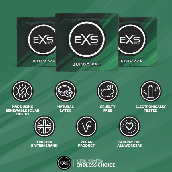 An infographic set against a dark green background detailing product features above three green EXS Jumbo XXL condom foil wrappers. Feature icons highlight solar energy manufacturing, natural latex, cruelty-free certification, electronic testing, British branding, vegan formula, and fair pay practices.