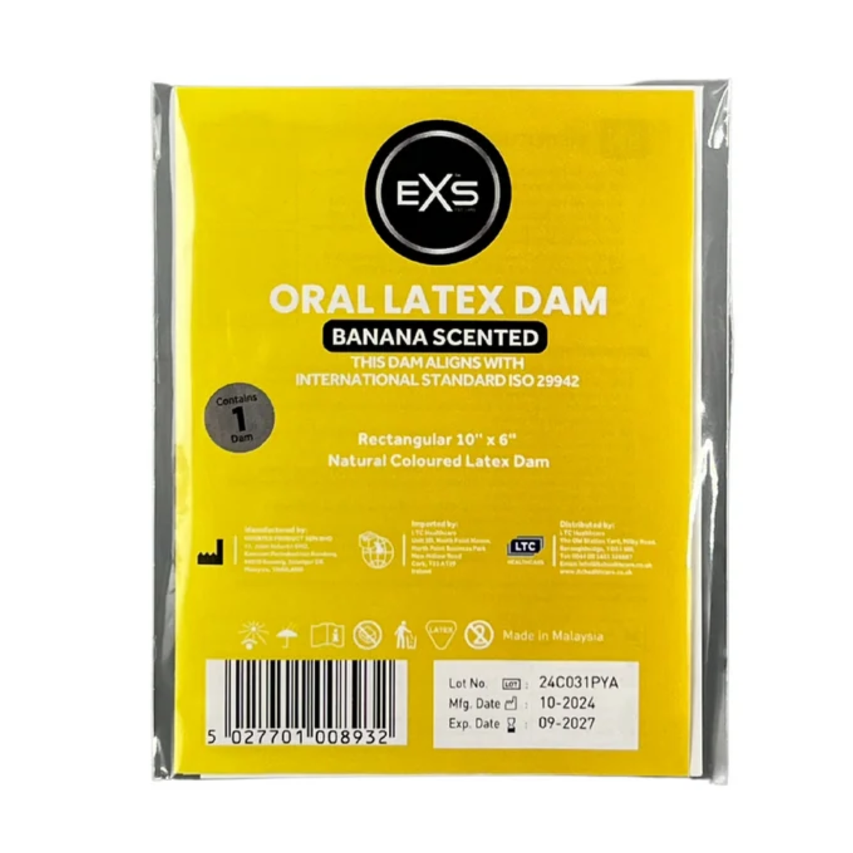 Front view of a single-pack bright yellow EXS Banana Scented Oral Latex Dam in clear plastic packaging, featuring white product text, dimensions (10" x 6"), safety icons, and a barcode at the bottom. Imagen principal del producto
