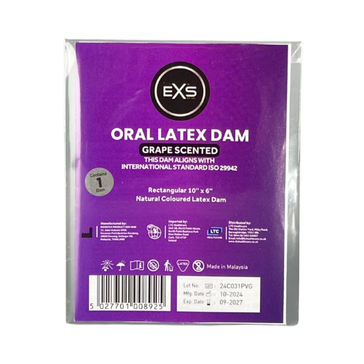 Front view of a single-pack purple EXS Grape Scented Oral Latex Dam in clear plastic packaging, featuring white product text, dimensions ($10\text{''}\times 6\text{''}$), safety icons, and a barcode at the bottom. Imagen principal del producto