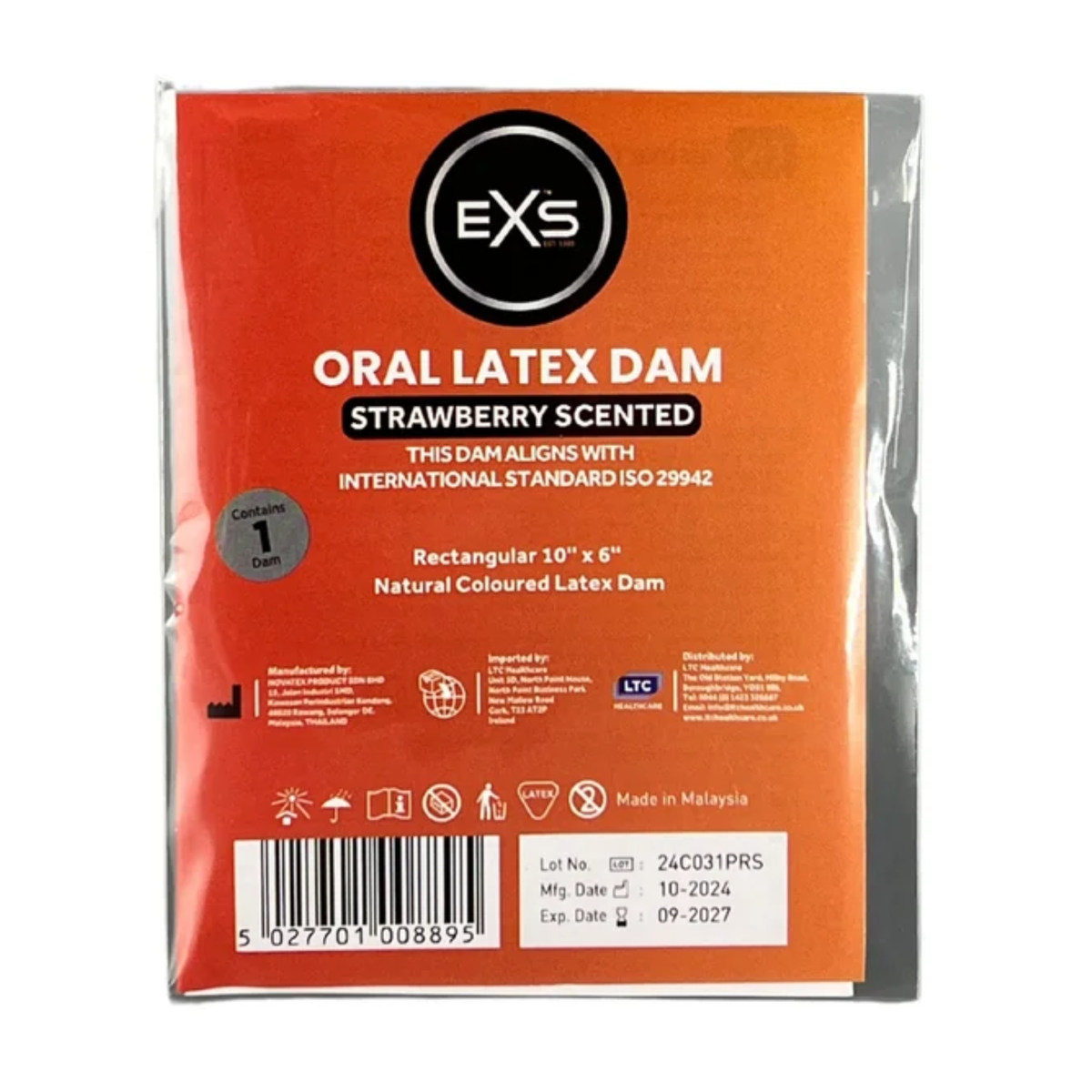 Front view of a single-pack red and orange EXS Strawberry Scented Oral Latex Dam in clear plastic packaging, featuring white product text, dimensions (10" x 6"), safety icons, and a barcode at the bottom. Imagen principal del producto