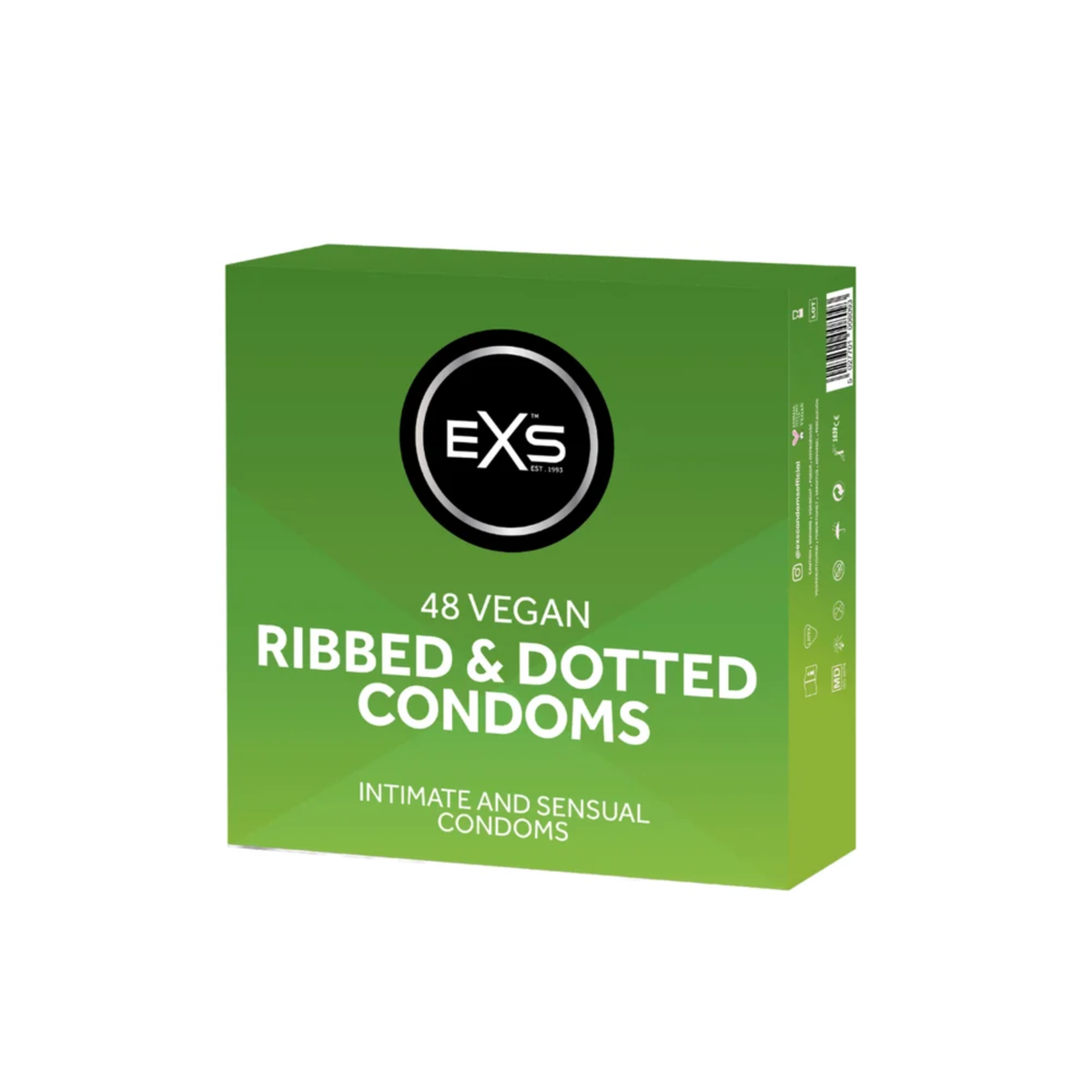 Studio product shot showing the bright green bulk box of EXS 48 Vegan Ribbed & Dotted Condoms standing at a three-quarter angle against a white background. Imagen principal del producto
