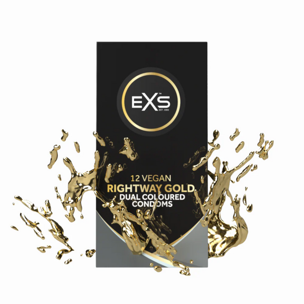 Front of the black and gold retail box for EXS 12 Vegan Rightway Gold Dual Coloured Condoms, with gold splash effects surrounding the box.