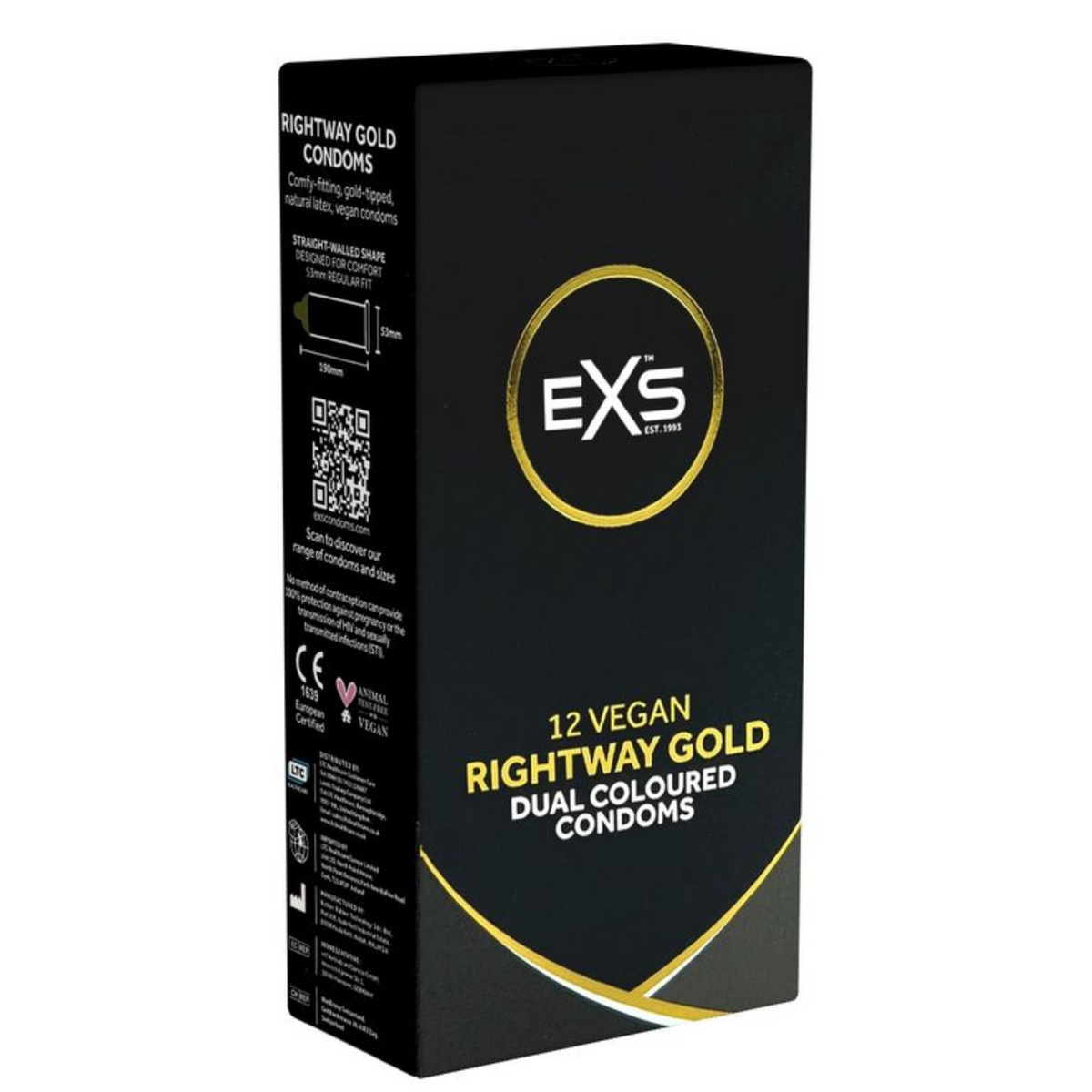 Side view of the black and gold retail box for EXS Rightway Gold Dual Colored Condoms, showing product details including the straight-walled shape, dimensions (53mm regular fit), CE mark, and the vegan logo. Imagen principal del producto