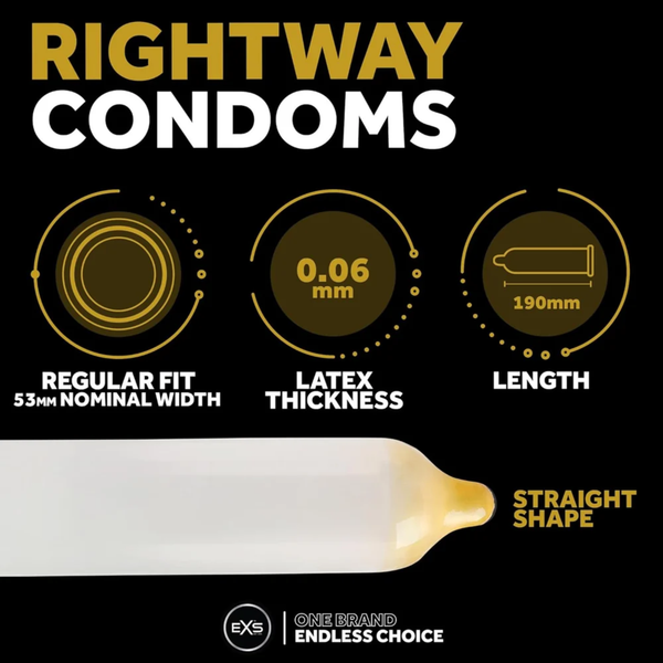 Specification infographic for EXS Rightway Gold Condoms set against a black background, illustrating a 53mm nominal regular fit width, 0.06mm latex thickness, 190mm length, and a dual-colored straight shape design.