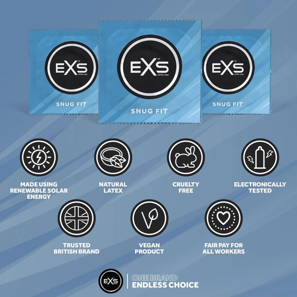 An infographic set against a dusty blue background detailing product features above three blue EXS Snug Fit condom foil wrappers. Feature icons highlight solar energy manufacturing, natural latex, cruelty-free certification, electronic testing, British branding, vegan formula, and fair pay practices.