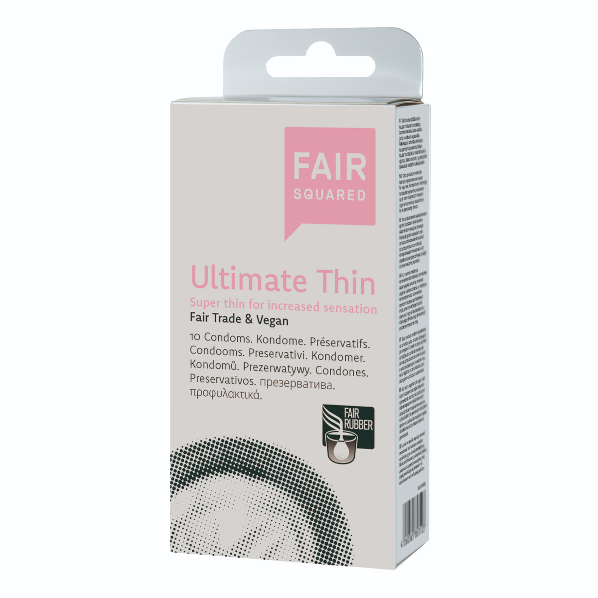 Studio product shot of the light gray Fair Squared Ultimate Thin 10-pack box standing at a three-quarter angle against a white background, featuring pink branding and the Fair Rubber logo. Imagen principal del producto