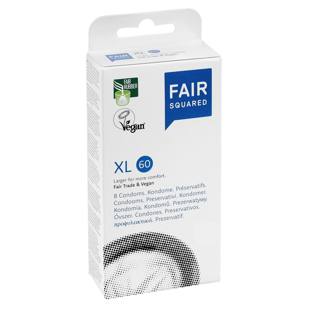 Studio product shot of the white and blue Fair Squared XL 60 condom box standing at a three-quarter angle against a plain white background, featuring the Fair Rubber and Vegan logos. Imagen principal del producto