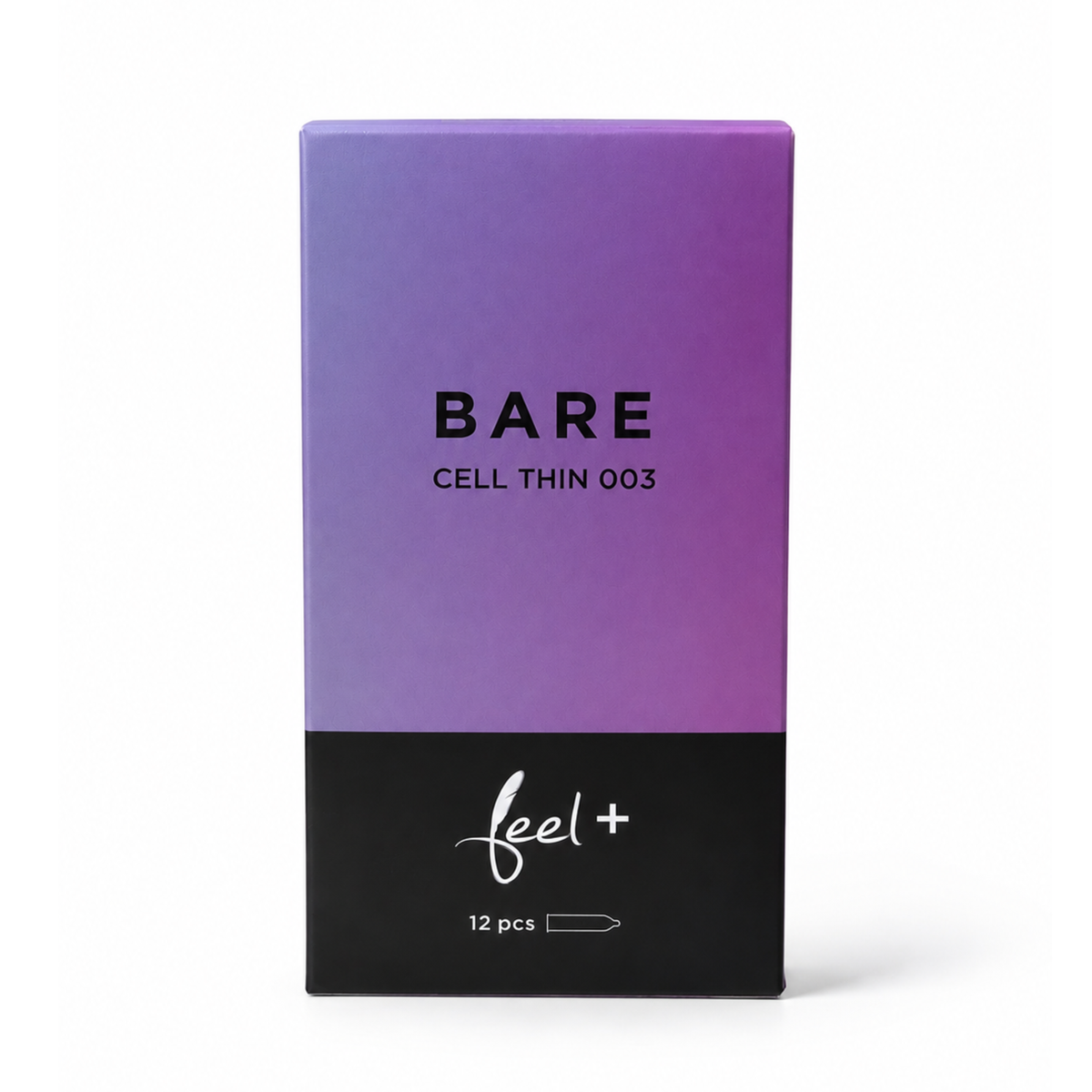 Studio product shot of the Feel Bare Cell Thin 003 Condoms 12-pack box standing upright at a three-quarter angle against a white background, featuring a pastel blue-to-pink gradient top half and a black base with white typography. Imagen principal del producto