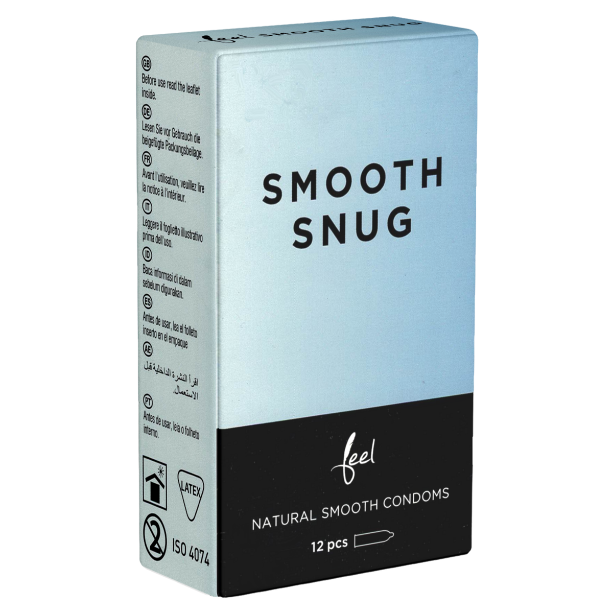 Studio product shot of the Feel Smooth Snug Condoms 12-pack box standing upright at a three-quarter angle against a white background, featuring a light powder blue upper half and a black base with white branding.