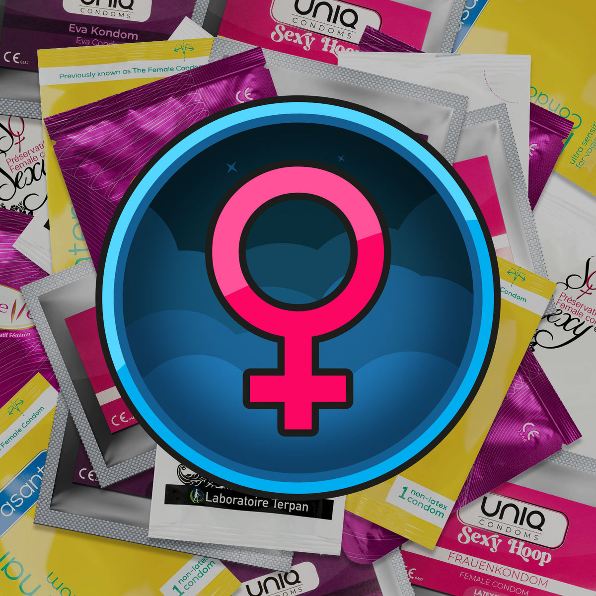 Condom packages with a prominent female symbol in the center Imagen principal del producto