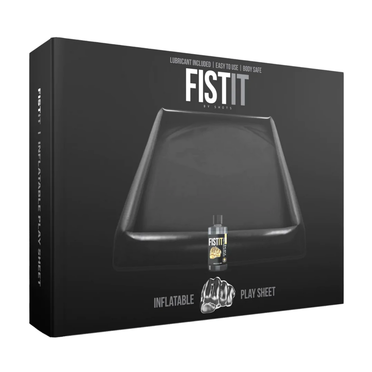 Black product packaging for the FISTIT Inflatable Play Sheet, featuring an image of the inflatable mat and included lubricant. Imagen principal del producto