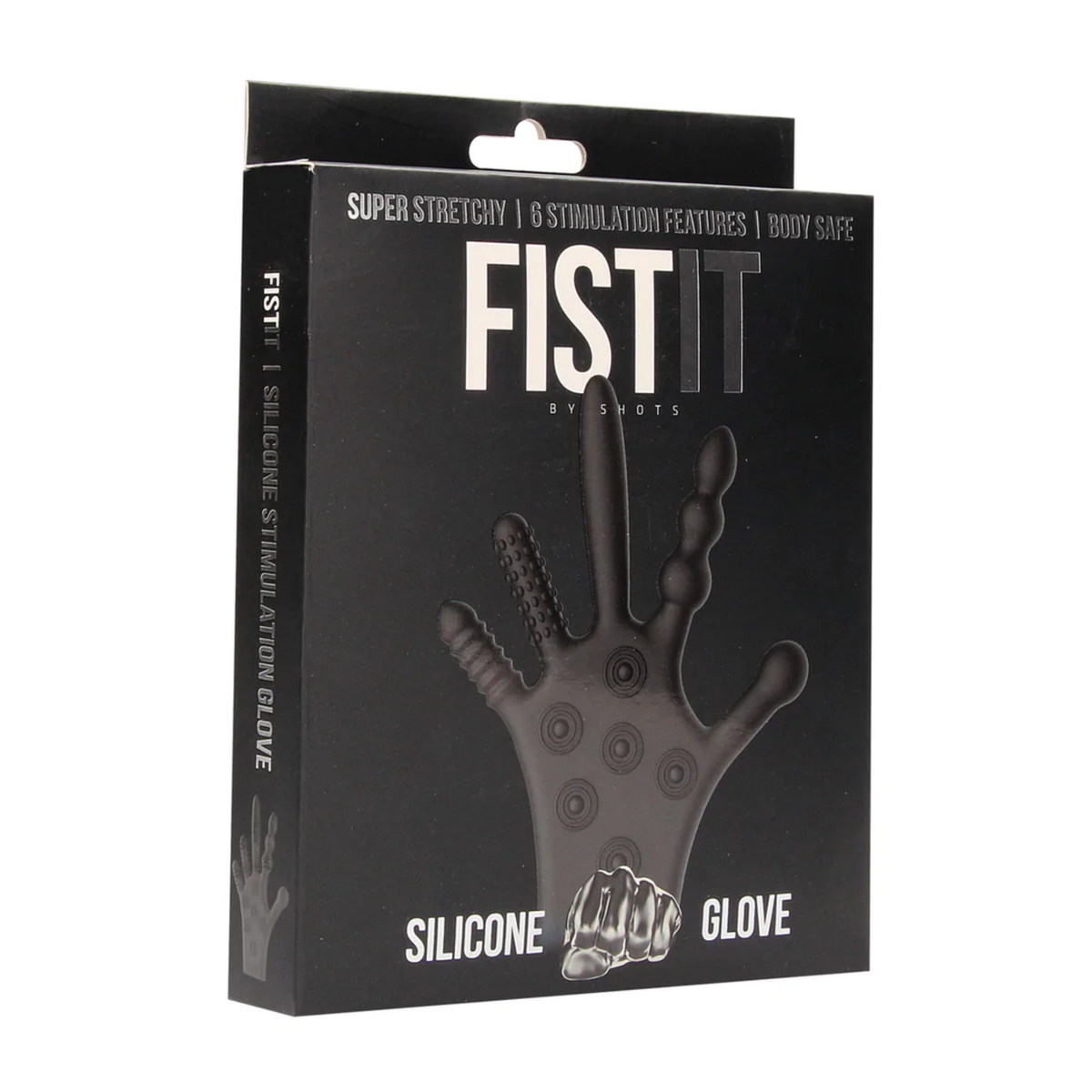 Front of the black product packaging for the Fist It Silicone Glove 6 Simulation Features. Imagen principal del producto