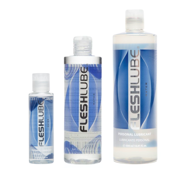 Three Fleshlight Fleshlube Water-based Lubricants side by side: 100ml, 250ml and 500ml in the white background.