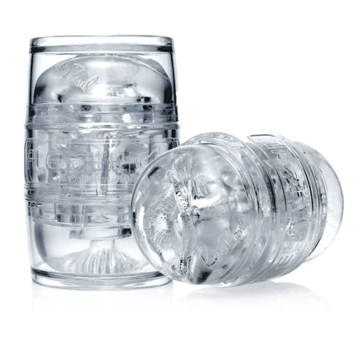 Two clear Riley Reid Fleshlight Quickshot masturbators, one standing upright and one lying horizontally. Imagen principal del producto