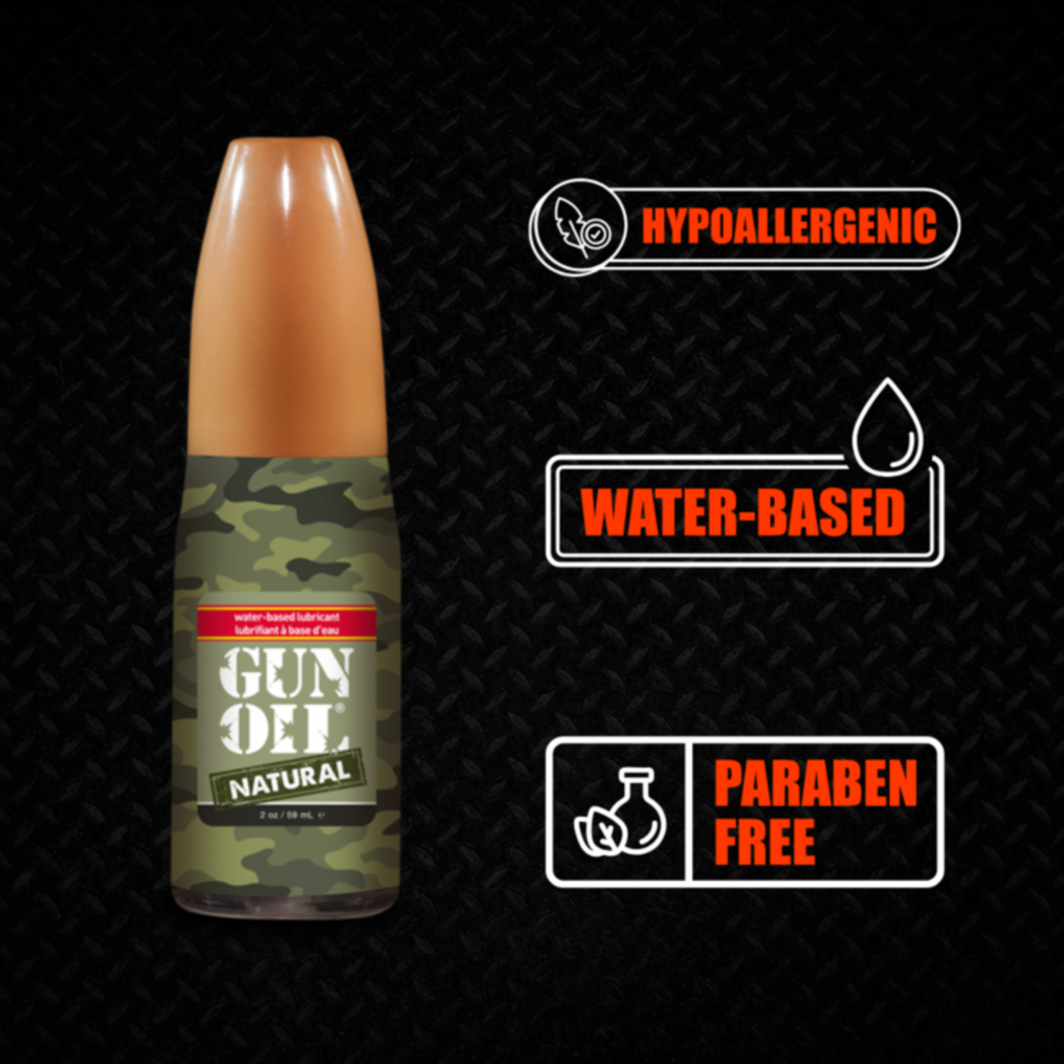 Bottle of GUN OIL Natural water-based lubricant in camouflage print, with labels for Hypoallergenic, Water-Based, and Paraben Free.