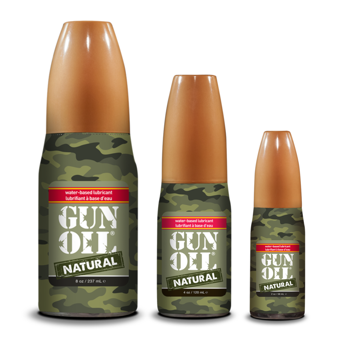 An image of GUN OIL Natural Water-based lubricant in 59ml, 120ml and 237ml in a white background.