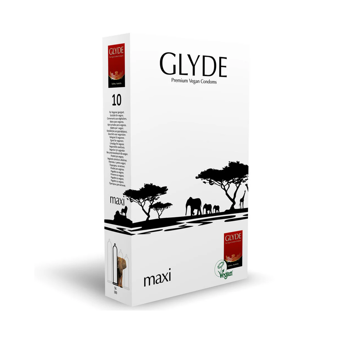 A box of Glyde Maxi condoms. The box is white, with a black silhouette of an African savanna landscape with elephants and giraffes. The words "GLYDE Premium Vegan Condoms" are written in black capital letters near the top. The words "maxi" are written in smaller black letters below the silhouette. The side of the box indicates it contains 10 condoms. Imagen principal del producto