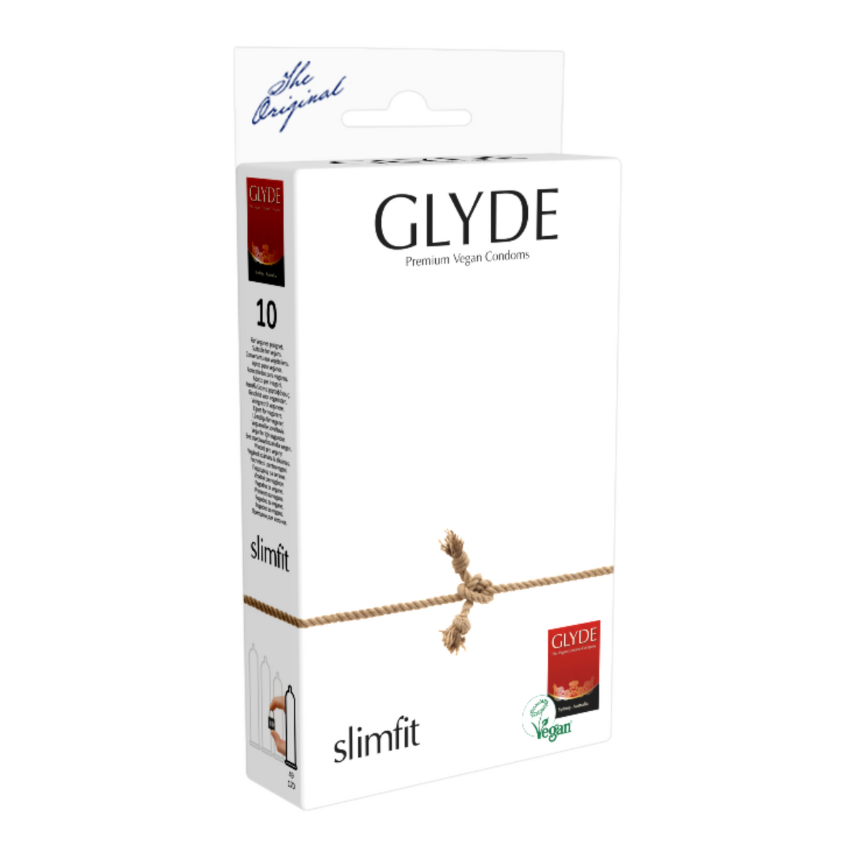A box of Glyde Slimfit condoms. The box is white, with a brown rope tied in a knot across the middle. The words "GLYDE Premium Vegan Condoms" are written in black capital letters. The words "slimfit" are written in smaller black letters below the rope. The side of the box indicates it contains 10 condoms.  Imagen principal del producto