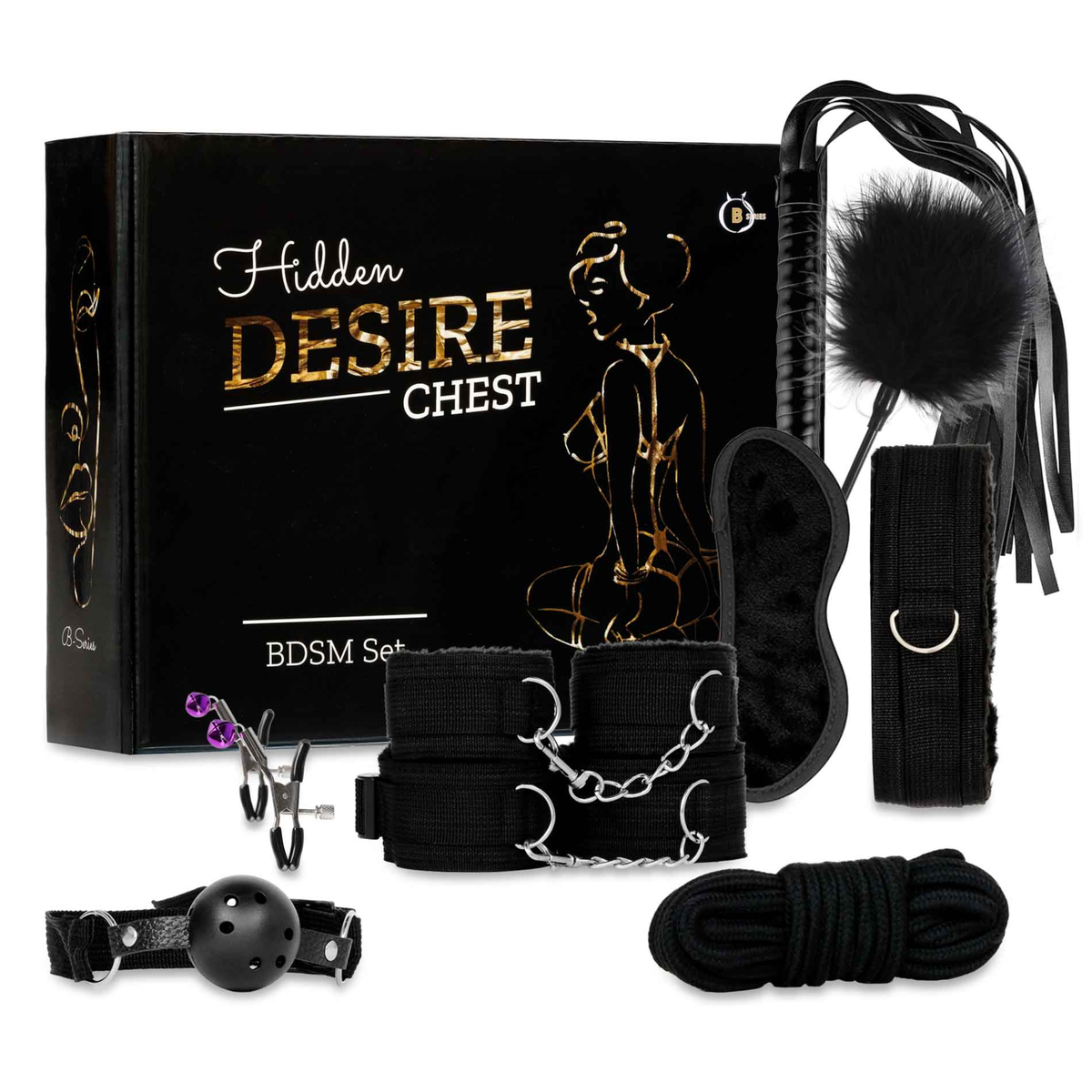 Hidden Desire Chest BDSM Set set in black box with line art, showing all accessories in the white background.