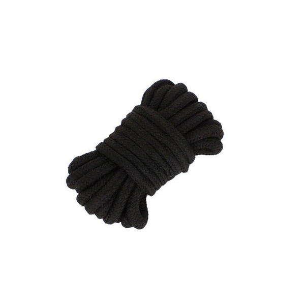 Coil of thick black bondage rope.