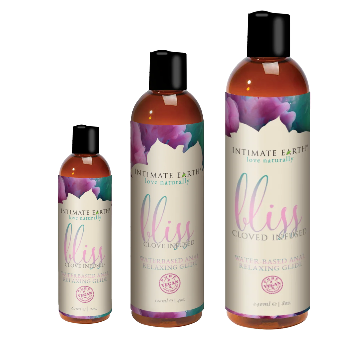 Size comparison view showing three amber bottles of Intimate Earth Bliss anal relaxing glide standing side by side in 60 ml (2 fl oz), 120 ml (4 fl oz), and 240 ml (8 fl oz) capacities. Imagen principal del producto