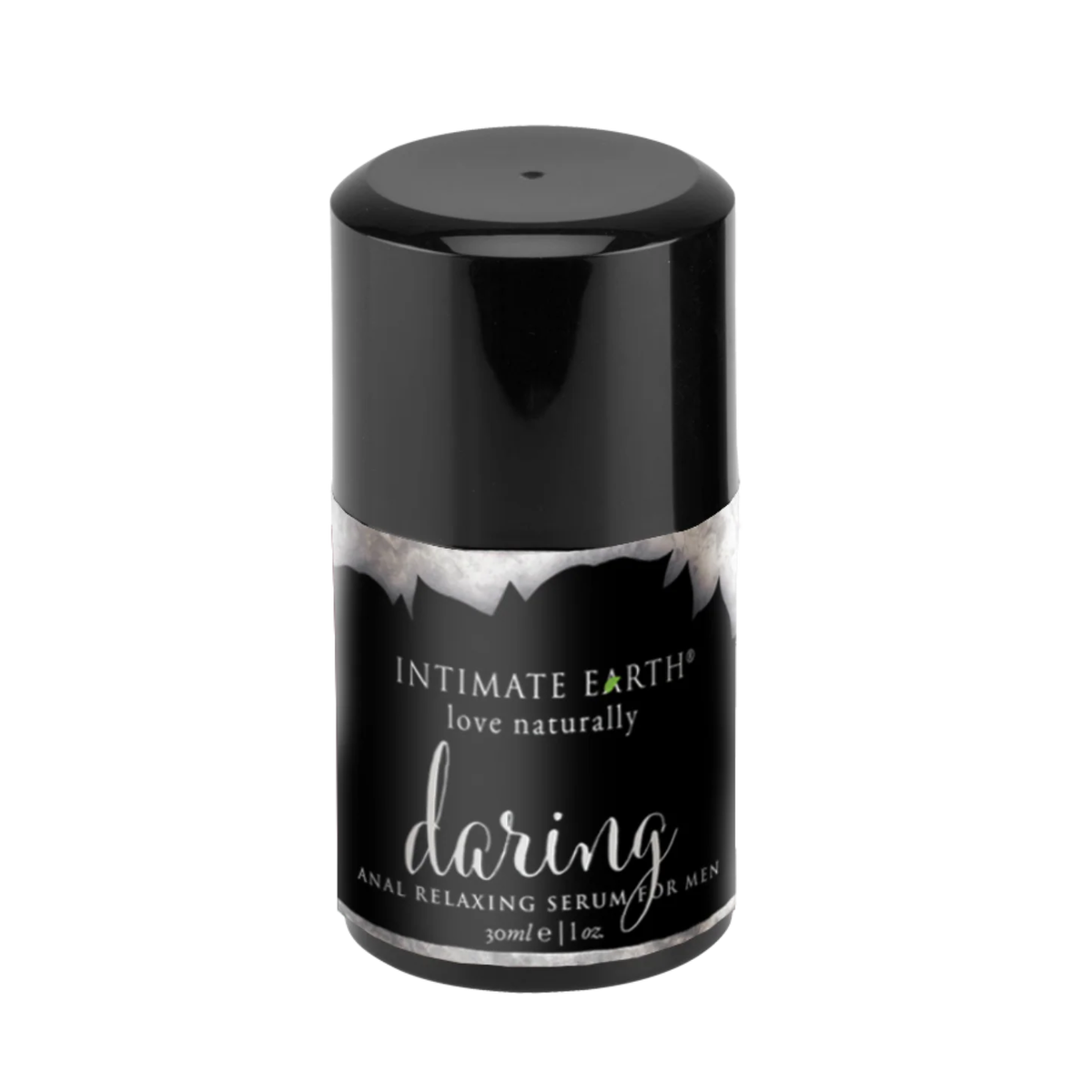 Isolated product view of the compact 30 ml (1 fl oz) Intimate Earth Daring anal relaxing serum pump bottle for men, featuring a black overcap and dark marble-accented label. Imagen principal del producto