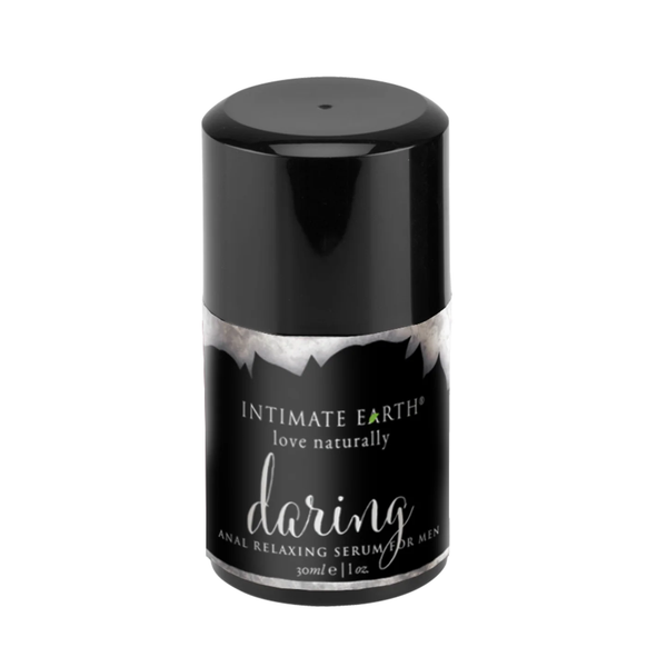 Isolated product view of the compact 30 ml (1 fl oz) Intimate Earth Daring anal relaxing serum pump bottle for men, featuring a black overcap and dark marble-accented label.