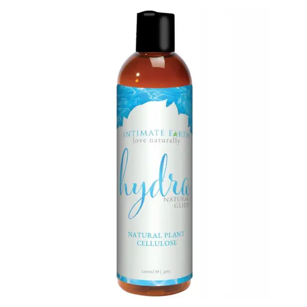 Isolated product view of the medium 120 ml (4 fl oz) amber bottle of Intimate Earth Hydra natural plant cellulose glide with a black disc cap.