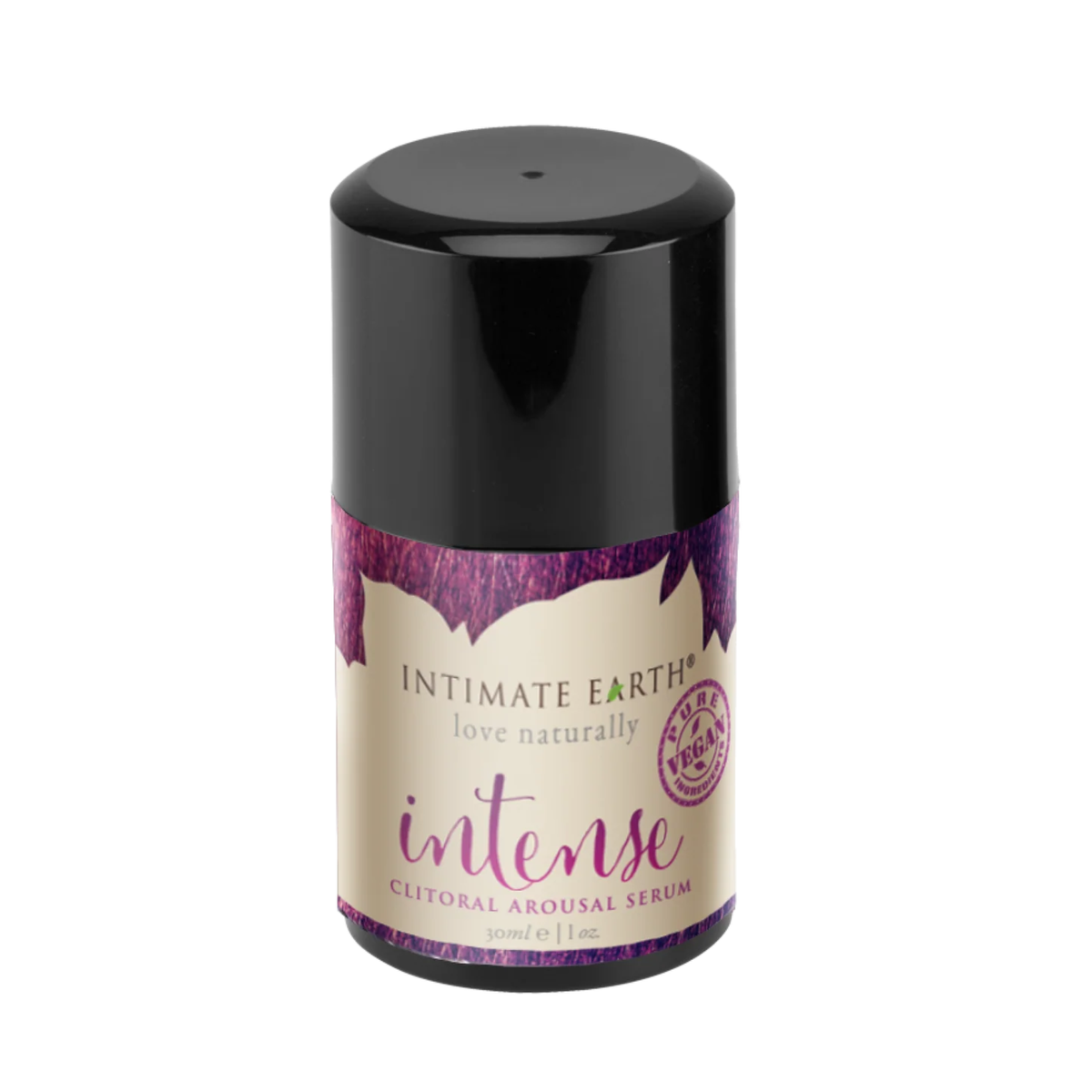Isolated product view of the compact 30 ml (1 fl oz) Intimate Earth Intense clitoral arousal serum pump bottle, featuring a black overcap, purple-accented label, and pure vegan seal.