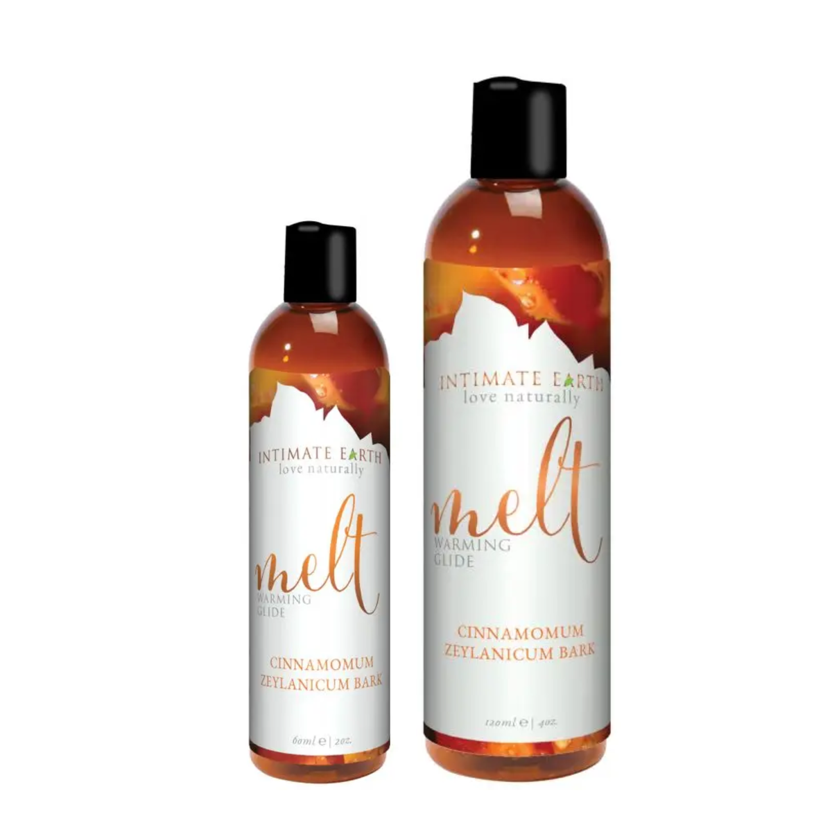Size comparison view showing two amber bottles of Intimate Earth Melt warming glide standing side by side in 60 ml (2 fl oz) and 120 ml (4 fl oz) capSize comparison view showing two amber bottles of Intimate Earth Melt warming glide standing side by side in 60 ml (2 fl oz) and 120 ml (4 fl oz) capacities.acities. Imagen principal del producto