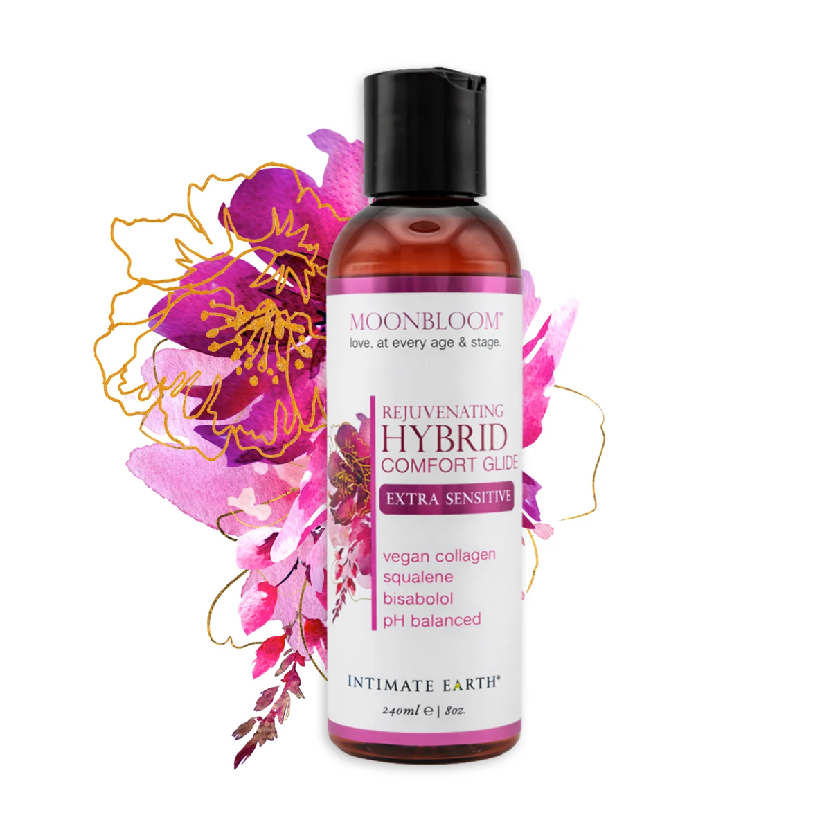 Artistic product display showing the 240 ml (8 fl oz) bottle of Intimate Earth Moon Bloom hybrid comfort glide centered over a magenta and gold watercolor floral backdrop.