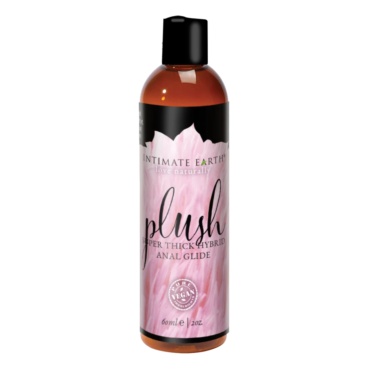 Front product view of the travel-sized 60 ml (2 fl oz) amber bottle of Intimate Earth Plush super thick hybrid anal glide featuring the pure vegan certification seal.