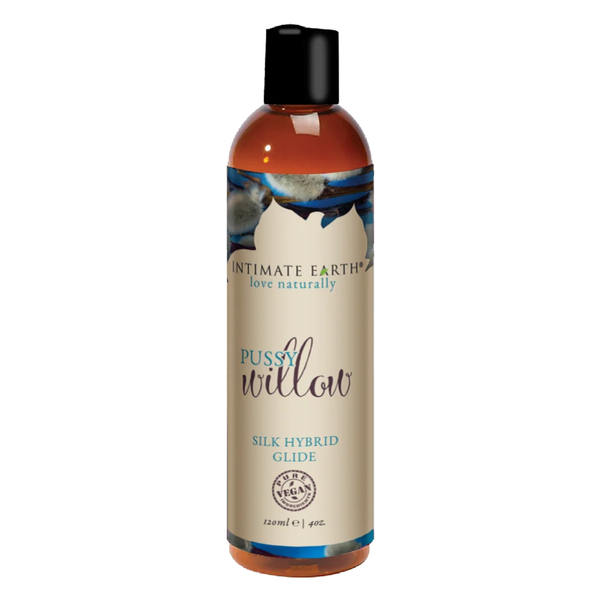 Direct studio shot of the medium 120 ml (4 fl oz) amber bottle of Intimate Earth Pussy Willow silk hybrid glide.